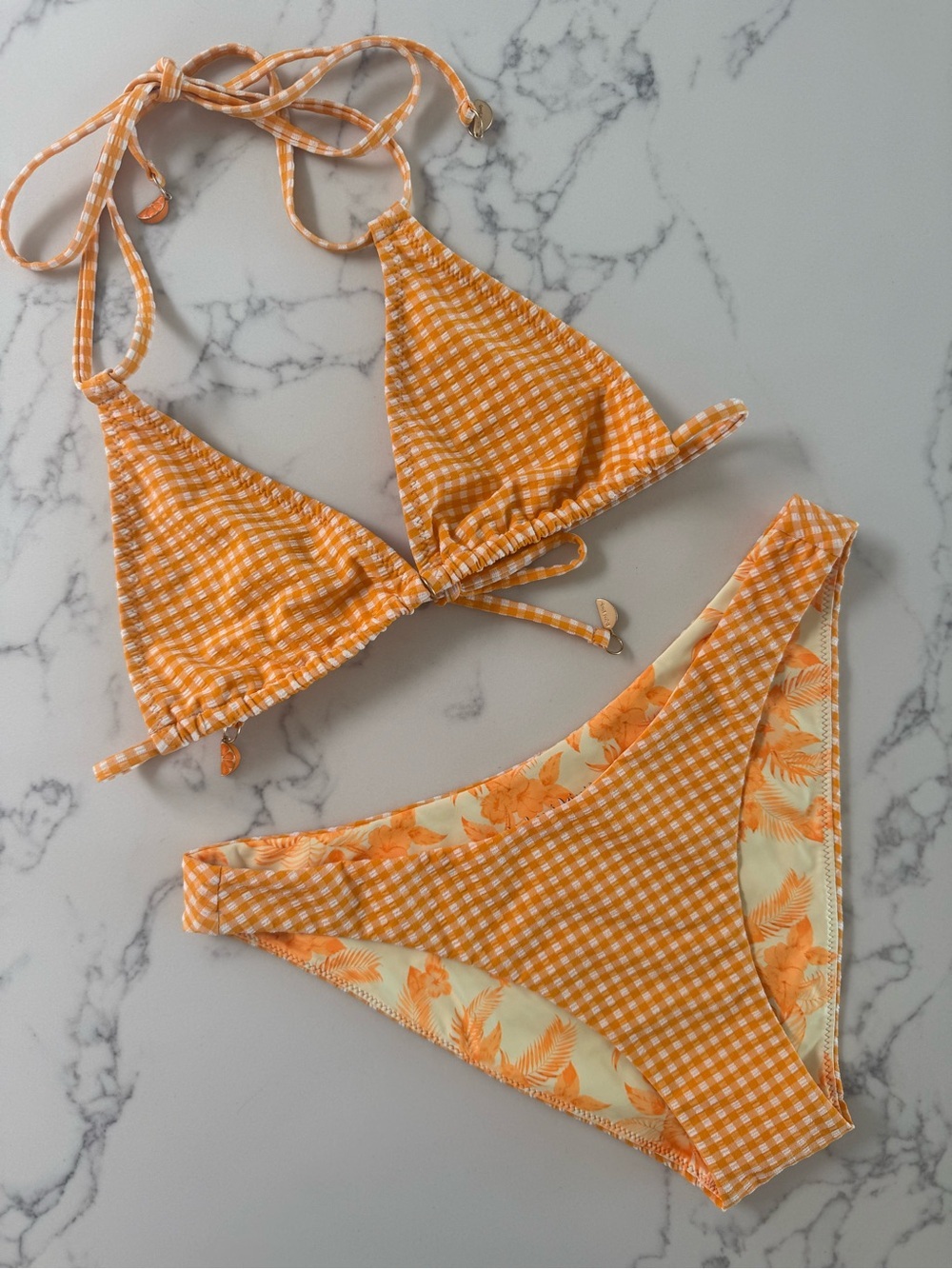 Kulani Kinis Halter Top & Min Full Bottom Bikini SET - Orange Cream - Size Small